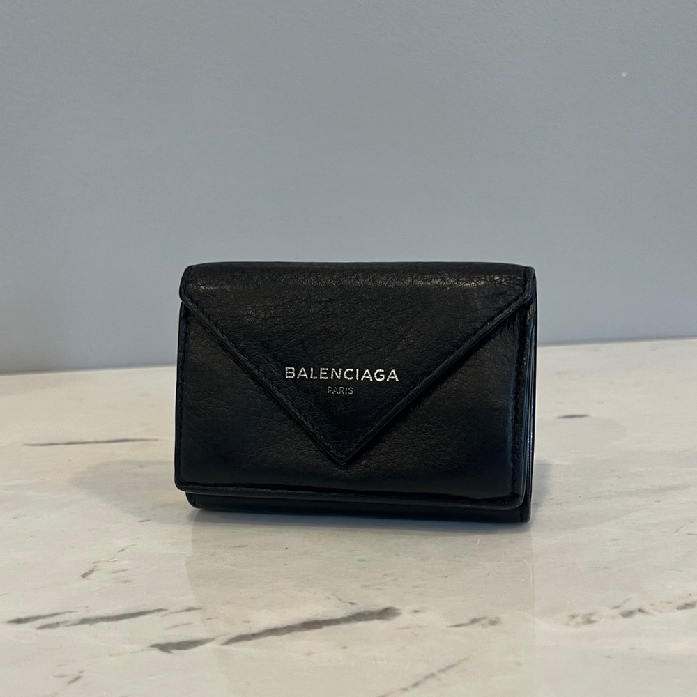 Balenciaga papier mini trifold black leather wallet
